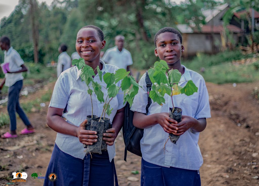 Educational workshops with members of the Virunga Young Champions Eco-Clubs in schools around Virunga National Park, focusing on biodiversity, climate change, and tree-planting activities with fruit and native. Photo credit: Charles BASHIMBE – UCCND ASBL